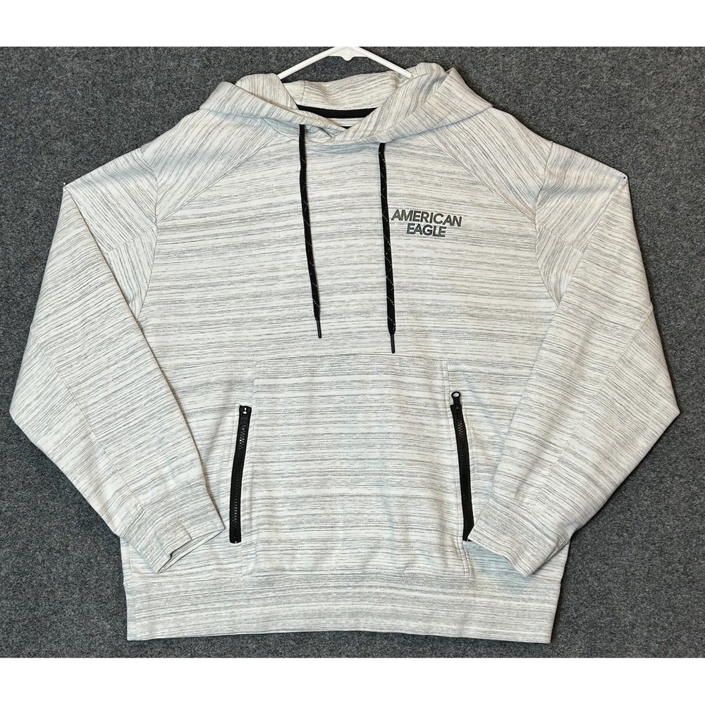 American Eagle Hoodie White w/Grey Stripes Black Zipper Pockets - Men's LARGE